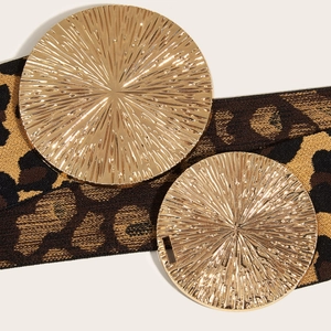 Women's leopard print elastic waist belt with large round gold sunburst buckles