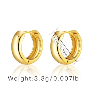 Detail view of 1.5cm 18K gold plated hoop earrings showing size and 3.3g weight