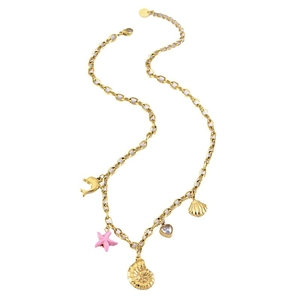 Golden titanium steel necklace featuring dolphin, starfish, and seashell charms on white background
