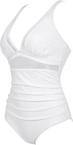 Detail of white one-piece swimsuit with V-neck, mesh splicing, and tummy control ruching