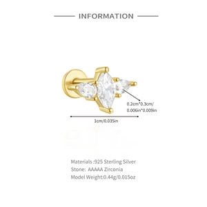 Macro view of 925 sterling silver cartilage stud with marquise and pear-cut zirconia