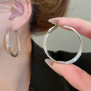 Macro shot of silver metal layered hoop earrings showing textured details and clasp