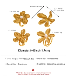 Detailed view of irregular gold stainless steel floral rings with pearls and specifications