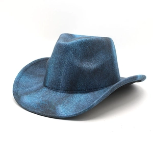 Deep blue vintage cowboy hat with rolled edges and textured wool felt finish for adults