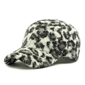 Women's leopard print teddy fleece baseball cap with a structured crown for winter