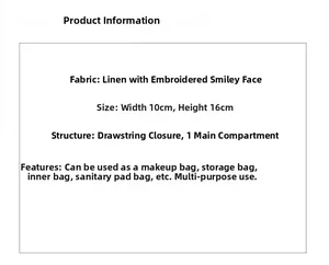 Detail showing 10x16cm dimensions for linen drawstring pouch with smile embroidery