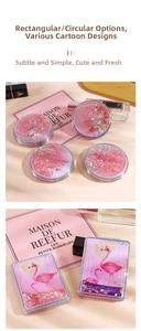 Macro shot of rectangular pink glitter quicksand mirror with flamingo pattern