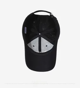 Detailed inside view of black cotton baseball cap showing 6-panel structure and label
