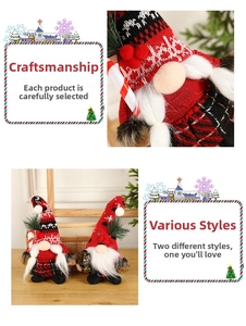 Detail of Christmas gnomes with plaid hats holding a candy cane and vintage lantern