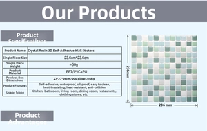 Detailed 23.6x23.6cm 3D mosaic wall tile specifications showing waterproof PET material