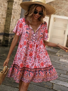 Bohemian Floral Print Rayon Dress V Neck Short Sleeve Tiered Ruffle Hem Vacation Holiday Casual For Women