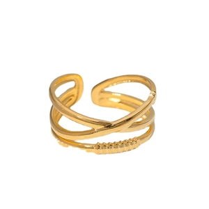 Minimalist gold-plated multi-layer crossover open ring with beaded texture detail