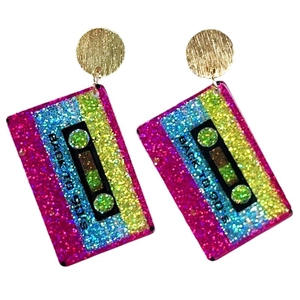 Retro 90s colorful glitter acrylic cassette tape earrings with lightning bolt design