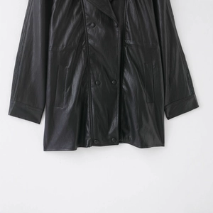 Classic black double-breasted faux leather jacket with side pockets and a mid-length cut