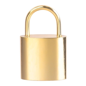 Polished golden stainless steel lock pendant shown on a clean white background