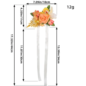Handmade orange rose wrist corsage with white ribbons and size dimensions for bridesmaids