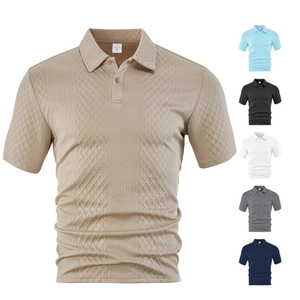 Men's khaki short sleeve polo shirt with breathable jacquard texture and three-button collar