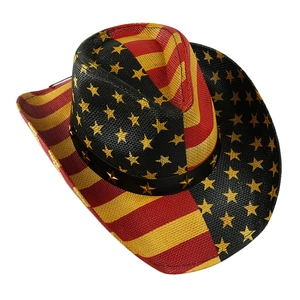Detail of woven straw cowboy hat featuring American flag pattern and gold star studs