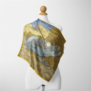 Detail showing Van Gogh The Siesta oil painting print on a premium silk square scarf