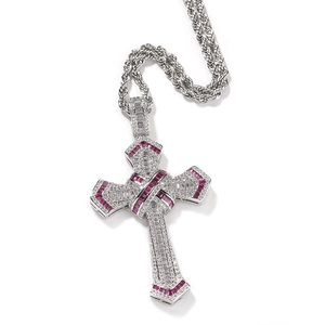 Hip hop silver cross pendant necklace with clear zircons and pink gems on twist chain
