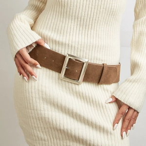 Ceinture Large Femme Texture Daim Style Maillard Rétro Taille Boucle Métal Carrée Argentée Couleur Unie Accessoire Réglable