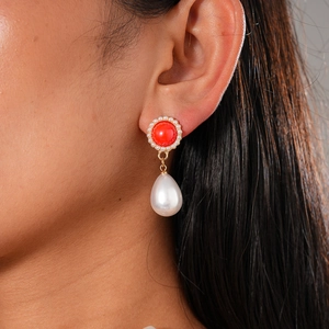 Vintage style red resin earrings with faux pearl halo and elegant teardrop pearl drop