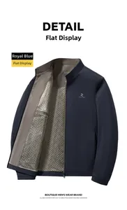 Detailed view of royal blue jacket with stand collar and geometric pattern lining