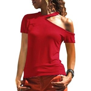 Women's sexy red one-shoulder halter T-shirt with asymmetric short sleeves and a slim fit