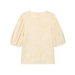Haut crème pour femmes avec manches bouffantes, texture jacquard et col rond