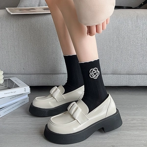 Sweet Lolita camellia socks with chic platform loafer shoes and elegant lace trim