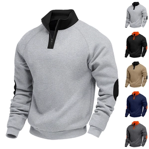 Mens Sweatshirt Stand Collar Half Zipper Long Sleeve Patchwork Elbow Patches Fleece Lined Casual Loose Fit Urban Style