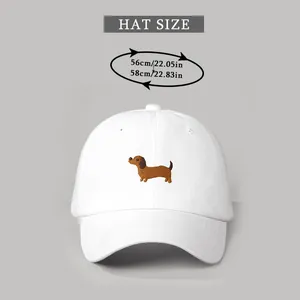 Size chart showing adjustable 56-58cm circumference for white puppy embroidery baseball cap