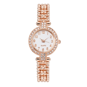 Elegant rose gold women's quartz watch with rhinestone bezel and beaded strap