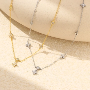 S925 silver layered necklaces with four-leaf clover charms and sparkling crystals