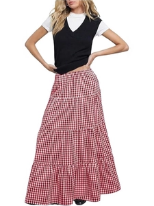 Vintage high waist red and white plaid tiered maxi skirt with a flared A-line silhouette