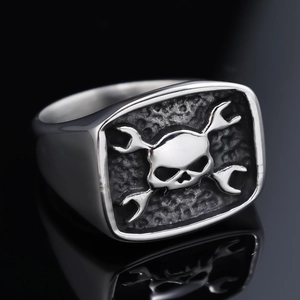 Punk retro stainless steel skull and cross wrench ring with vintage silver finish
