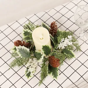 Christmas Candle Ring Wreath With Artificial Pine Cones Holly Leaves Pine Needles Berries Holiday Table Centerpiece Decoration