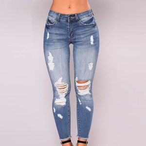 Damen High Waist Zerrissene Skinny Jeans Distressed Ausgefranster Saum Elastische Denim Bleistifthose Sexy Hip Lift Washed Slim Fit Hose