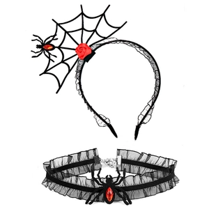 Halloween lace spider web headband and choker set with red roses and heart gems