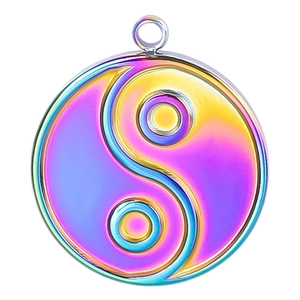 Macro shot of 304 stainless steel Tai Chi pendant with vibrant rainbow plating