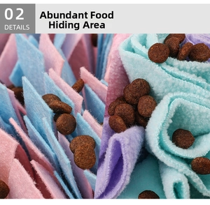 Macro detail of colorful felt snuffle mat showing ample food hiding areas for dogs