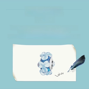Macro shot of blue glass flower charm with S925 silver core on artistic sketch background