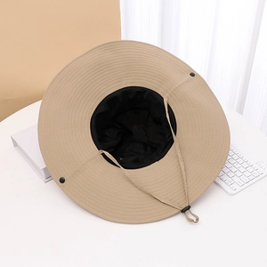 Detail of khaki outdoor sun hat featuring wide brim, windproof drawstring and mesh lining