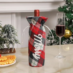 Housse de bouteille de vin de Noël à carreaux avec broderie Merry pour table festive