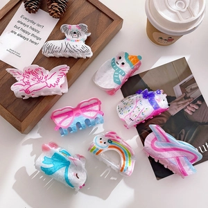 Cute Cartoon Acrylic Hair Claw Clip For Women Girls Rainbow Rabbit Bear Heart Glasses Angel Pattern Sweet Hair Accessories