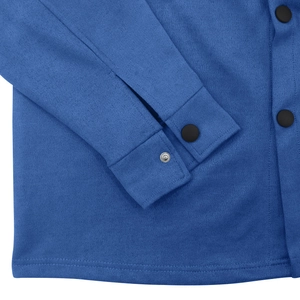 Detailed close-up of blue faux suede jacket showing matte black buttons and fabric texture