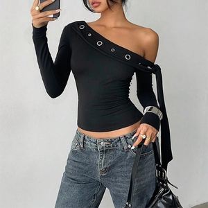 Damen T-Shirt Polyester Eine Schulter Ösendetail Sexy Streetwear Langarm Slim Fit Einfarbig Lässiges Schickes Oberteil