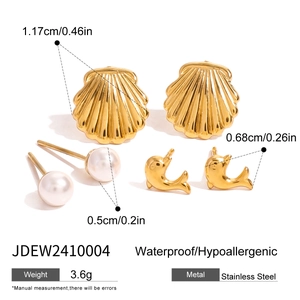 Detailed size view of stainless steel dolphin, shell and pearl stud earrings set
