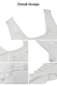 Detailed view of white mesh sleeveless top with decorative ruffle trims and fine stitching