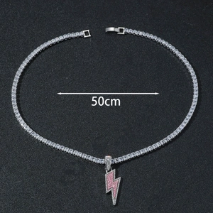 50cm hip hop tennis chain featuring a pink and white pavé lightning bolt pendant